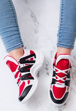 FLYIN CHUNKY SOLE SPORTS TRAINERS - RED LEATHER STYLE