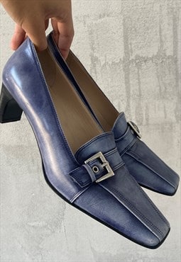 Vintage 90's Blue Classic Square Toe Leather Short Heel Shoe