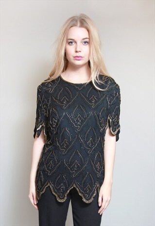 VINTAGE 1980'S AMAZING BLACK AND GOLD BEADED SILK TOP