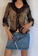 VINTAGE 00S Y2K BROWN BOHO PRINT RUFFLE 3/4 SLEEVE MESH TOP