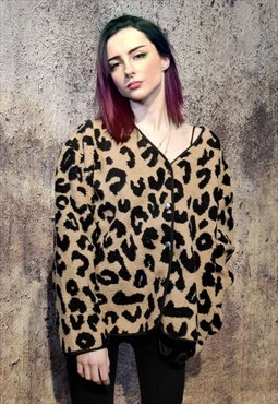 Leopard fleece cardigan y2k animal print jumper in brown