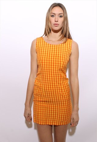 VINTAGE 1990'S 90'S NEON ORANGE GINGHAM CHECKERED MINI S-M
