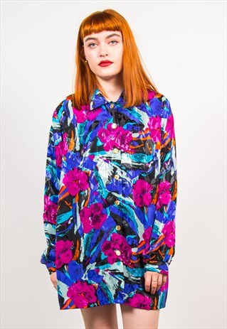 VINTAGE 90'S COLOURFUL FLORAL LONG SLEEVE SHIRT DRESS