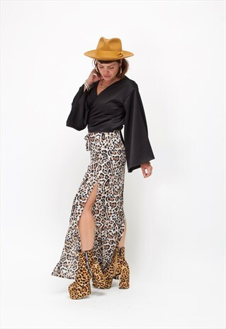 LEOPARD PRINT WIDE LEG SPLIT TROUSERS