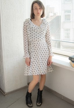 Vintage 70s White Polka Dot Bohemian Long Sleeved Mini Dress