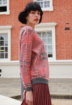 Long Sleeve Knitted Jumper in Grey and Orange Check Print