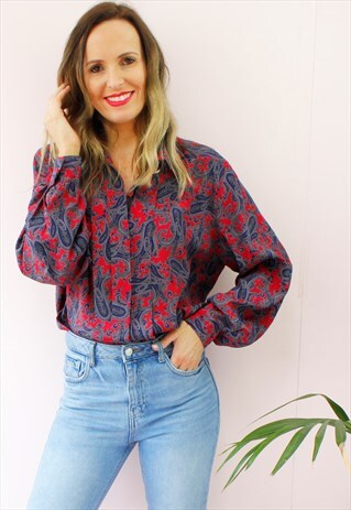 VINTAGE 80'S PAISLEY PRINT PLEATED SHIRT BLOUSE