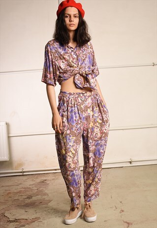 90'S RETRO PARIS CHIC SLOUCHY FLORAL PRINT CO-ORD TWO PIECE