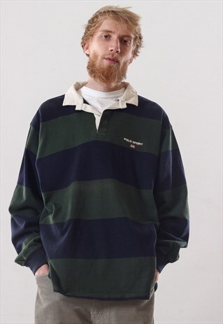VINTAGE MENS POLO SPORT LOGO LONG SLEEVE RUGBY TOP SHIRT