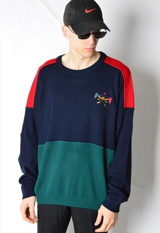 VINTAGE 90S COLOUR BLOCK WOOL BLEND LIGHT KNIT JUMPER