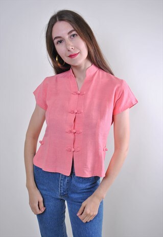90S WOMAN PINK VINTAGE ORIENTAL COTTON BLOUSE