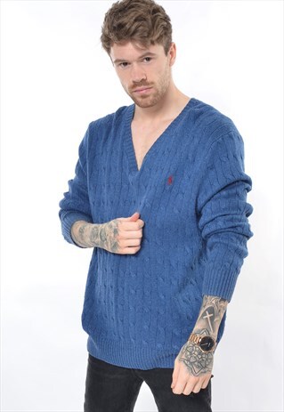 VINTAGE POLO RALPH LAUREN CABLE KNIT V NECK JUMPER BLUE