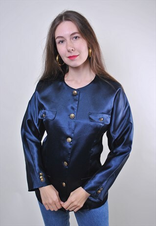 VINTAGE BRIGHT BLUE WOMAN BUTTONS PARTY SUIT BLOUSE