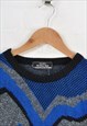 VINTAGE 80S KNITTED JUMPER PATTERNED BLUE/GREY MEDIUM