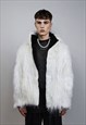 SHAGGY FAUX FUR JACKET WHITE LONG HAIR FUZZY COAT RAVE PUFFA