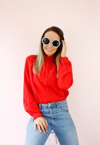 VINTAGE 80'S RED FRILL COLLAR SHIRT BLOUSE