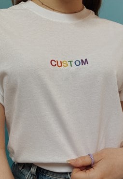 personalised embroidered rainbow text t-shirt