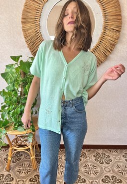 1980's vintage mint green cardigan with floral embellishment
