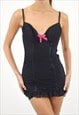 VINTAGE Y2K RUCHED MINI DRESS IN BLACK MESH, BOW DETAIL