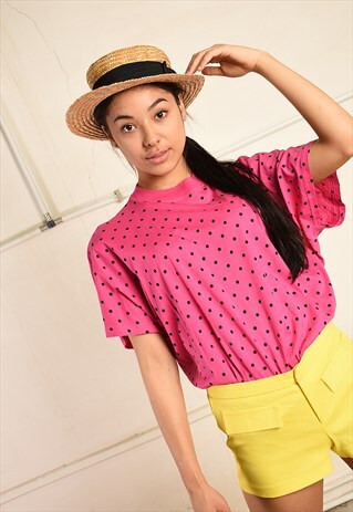 VINTAGE 80S PINK PARIS CHIC TOP TEE IN POLKA DOT PRINT