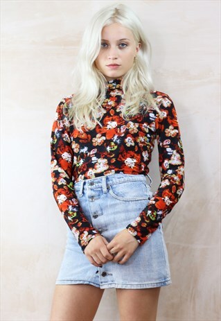 WATERCOLOUR FLOWER PRINT TURTLE NECK CROP TOP