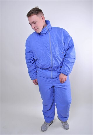 VINTAGE ONE PIECE MAN SKI SUIT, BLUE ONE COLOR SNOW SUIT