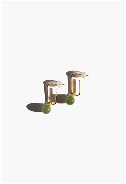 Pin green jade bead gold earrings