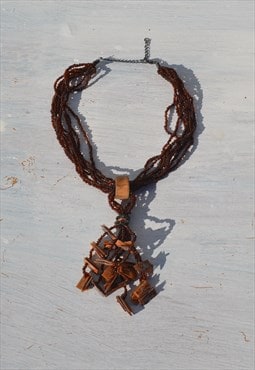 Deadstock brown shell/wood/seed beaded 8 strands necklace