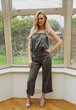 VINTAGE KHAKI JUMPSUIT PLAYSUIT WITH TIE SHOESTRING STRAPS.