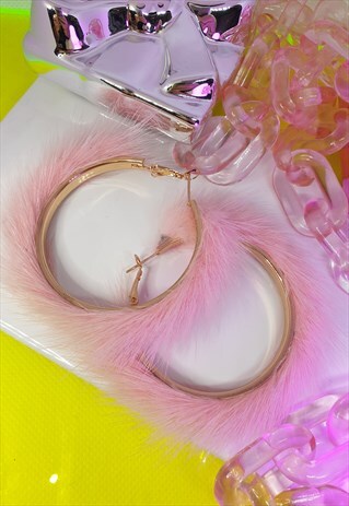 FLUFFY PINK HOOP EARRINGS