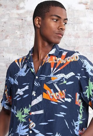 VINTAGE FRUIT OF THE LOOM SHORT SLEEVE HAWAIIAN SHIRT BLUE
