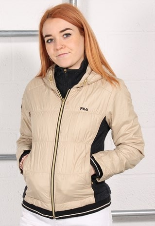 Vintage Fila Puffer Jacket in Gold Quilted Rain Coat Small