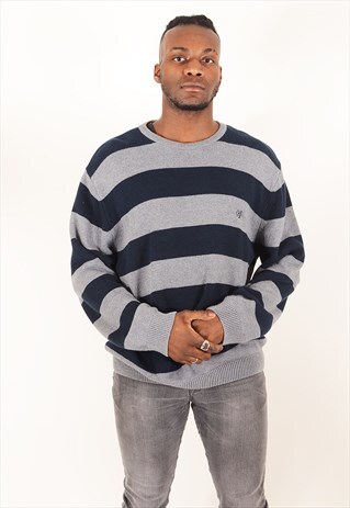 VINTAGE RALPH LAUREN CHAPS STRIPY JUMPER NAVY BLUE & GREY
