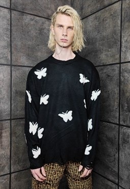 Butterfly sweater ripped jumper Grunge knitwear top in black