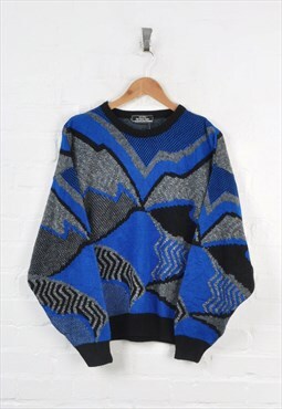 Vintage 80s Knitted Jumper Patterned Blue/Grey Medium