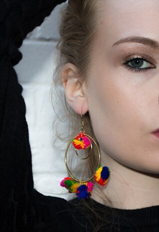 HANDMADE MULTICOLOUR POM POM DANGLING HOOP EARRINGS