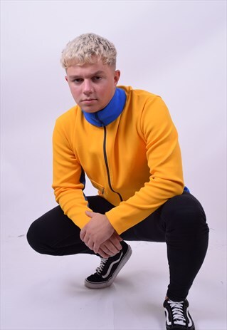 VINTAGE 70'S BRIGHT YELLOW BLUE TRIM SPORTS TOP JACKET MED