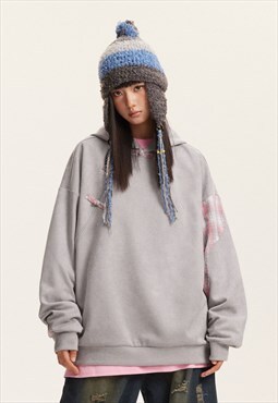 Checked patchwork hoodie asymmetric utility pullover in grey