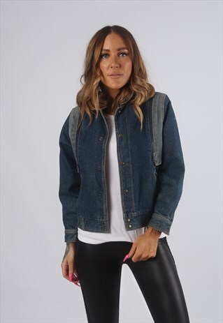 VINTAGE DENIM BOMBER JACKET PETITE UK 6 - 8 XS (H4Z)