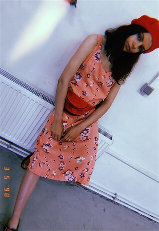 90'S RETRO PEACH FLORAL PRINT PARIS CHIC MIDI DRESS