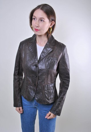 WOMAN BROWN VINTAGE LEATHER BUTTONS JACKET , SIZE M