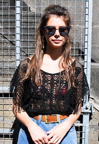 VINTAGE BLACK CROCHET FRINGE TOP