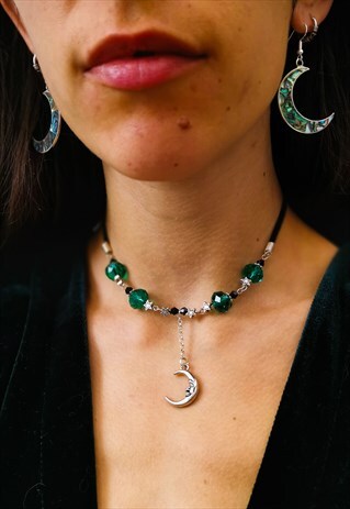 SILVER & TEAL CRYSTAL MOON GODDESS CHOKER / NECKLACE