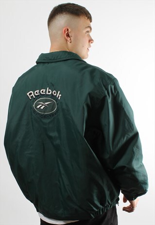 VINTAGE REEBOK GREEN PUFFER JACKET WITH SPELL OUT LOGO