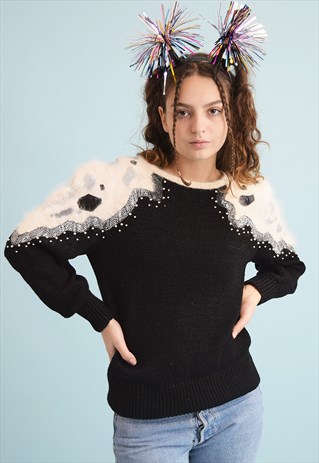 80'S RETRO BEADED FLUFFY KNIT CHRISTMAS JUMPER