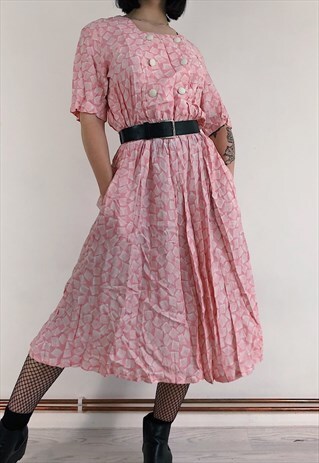 90S VINTAGE BABY PINK WHITE FUNKY SQUARE PATTERN MIDI DRESS