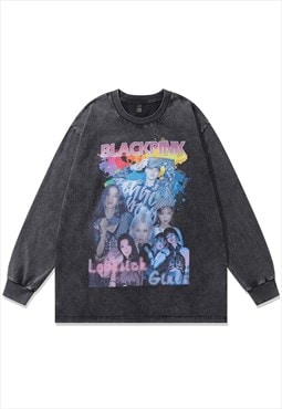 Blackpink t-shirt vintage wash Korean band long tee in grey