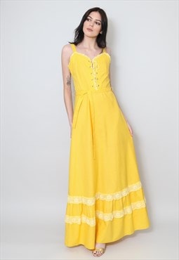 70's Vintage Dress Ladies Peggy Lane Yellow Prairie Maxi