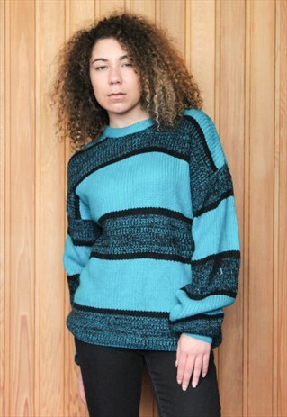 VINTAGE 1980S TURQUOISE AND BLACK STRIPED JUMPER