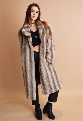 VINTAGE 80'S RETRO OVERSIZED STRIPED PATTERN FAUX FUR COAT
